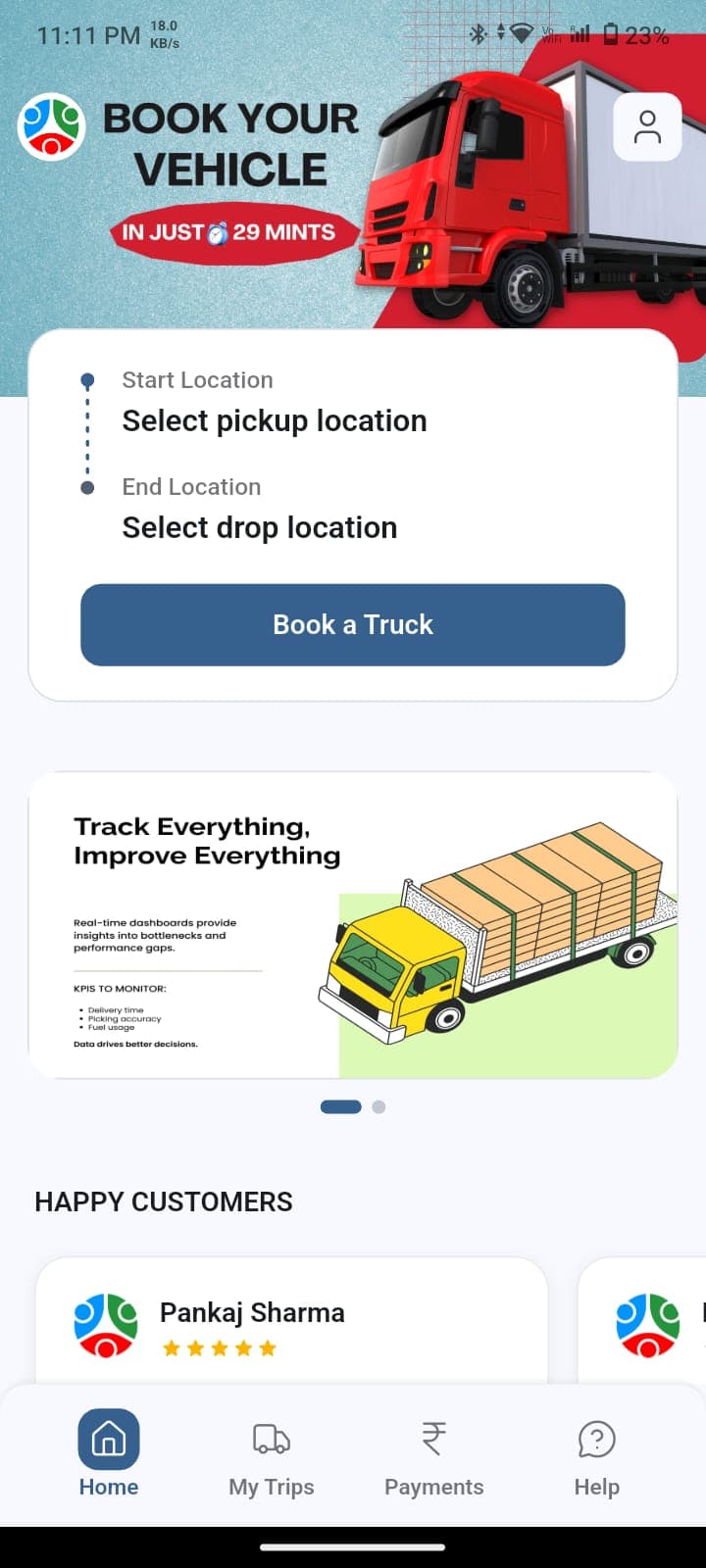Driftload app home screen: select pickup and drop, then book a truck
