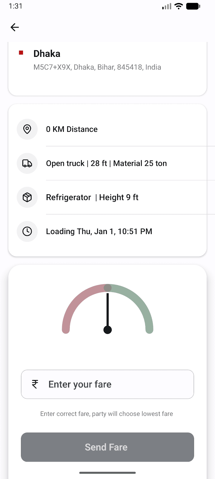Driftload Driver app: truck owner entering a fare for a load