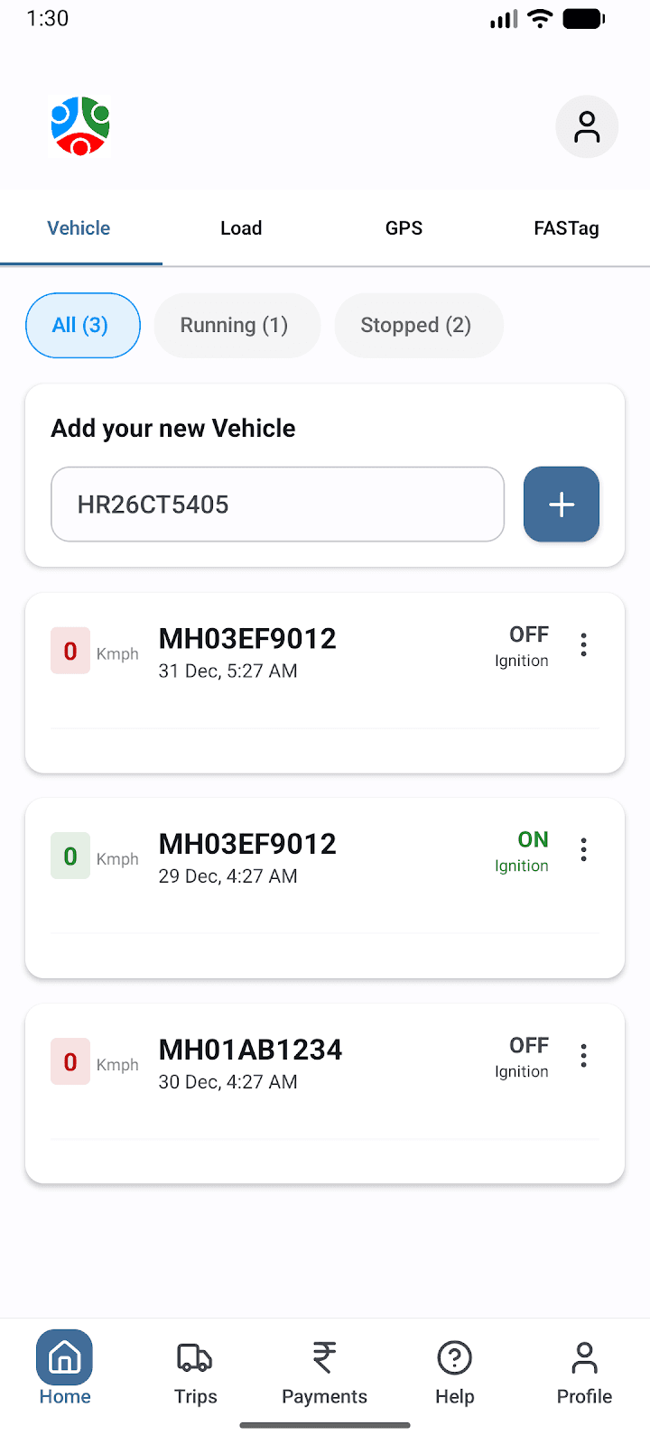 Driftload Driver app showing a fleet list with ignition status
